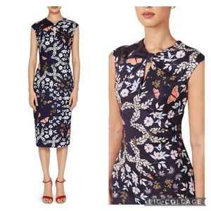 NWOT Ted Baker Kairra Kyoto Gardens Bow Neck Midi Dress Navy Butterfly Floral